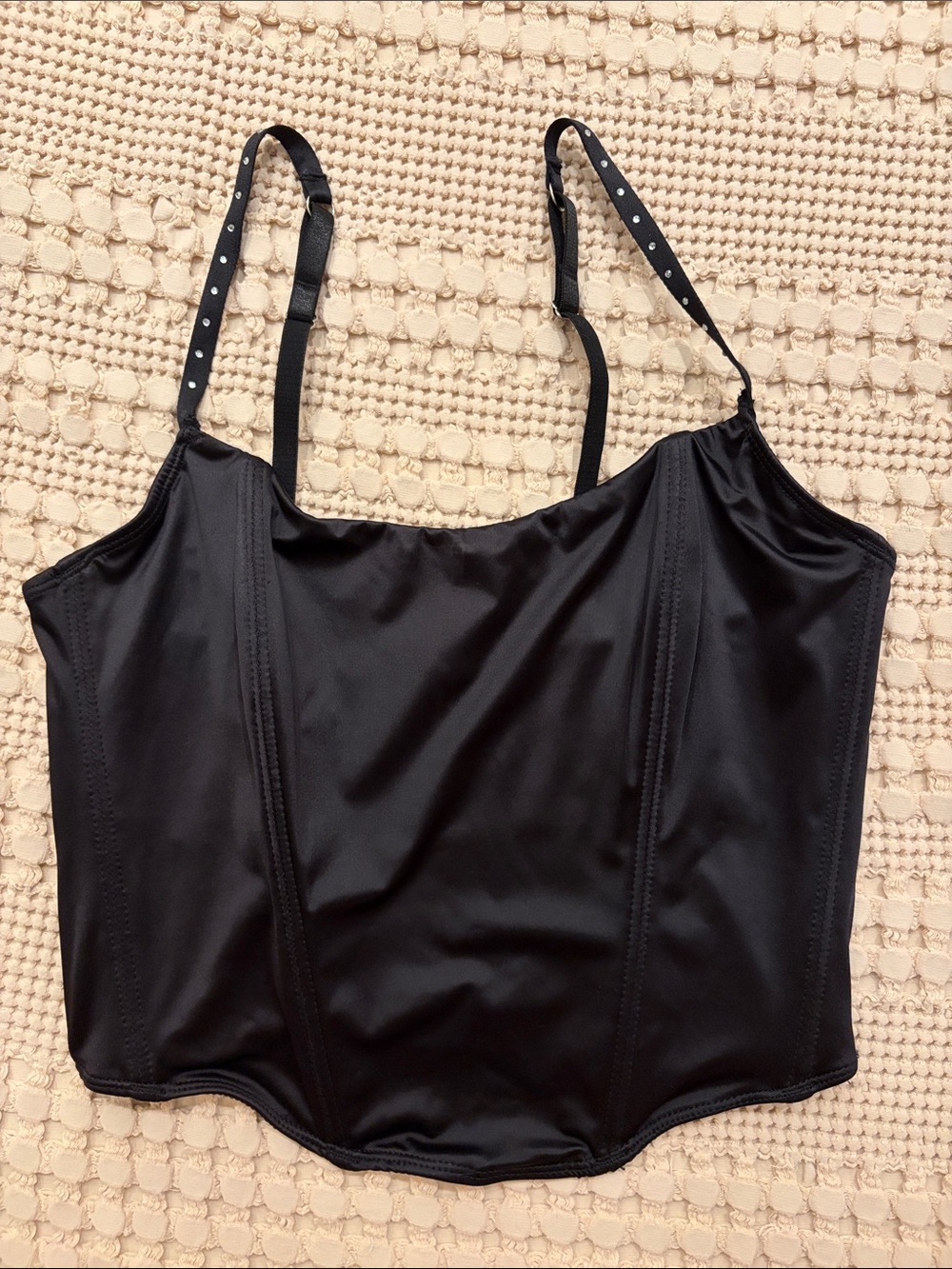 Steve Madden Black Satin Corset Crop Top with Adjustable Studded Straps 36C